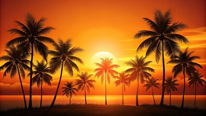 Silhouette orange tropical background with palm trees and sunset