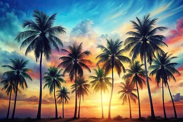 Obraz premium Silhouette Palm trees swaying in the breeze Summer watercolor style