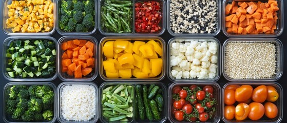 Freshly chopped vegetables and grains are organized in clear containers, ready for meal prep to support a weight loss journey with nutritious options