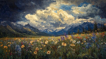 Dramatic Stormy Sky Over a Colorful Flower-Filled Meadow with Majestic Mountains and Churning Clouds Capturing Nature's Unyielding Power and Beauty