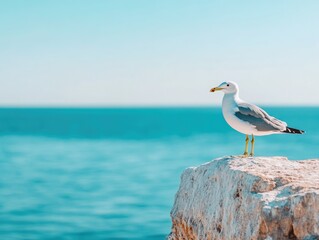  Portrait of seagull bird against blue sky or sea or ocean water.