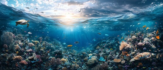 Stunning Underwater Scene Showcasing Vibrant Coral Reef and Sea Life, Capturing the Contrast Between Deep Blue Ocean and Colorful Marine Flora and Fauna