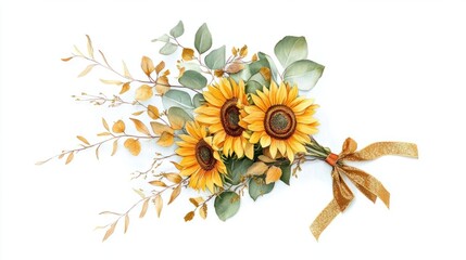 A glamorous bouquet of bright sunflowers and eucalyptus leaves with golden details, tied with a festive ribbon, perfect for New Year decor, on white