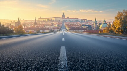 Obraz premium Serene Sunrise Over an Empty Paved Highway Leading to a Majestic Cityscape, Capturing the Perfect Stillness of Early Morning Light