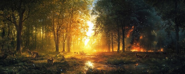 Breathtaking Forest Landscape Divided by Light and Shadow, Showcasing a Serene Wilderness Scene with a Dramatic Contrast of Nature's Beauty and Turmoil