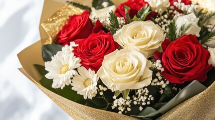 A glamorous bouquet of red roses and white flowers, wrapped in sparkling gold paper, ideal for New Year celebrations, on white
