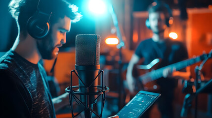 Musicians recording in a studio using a tablet for live streaming, featuring microphones, headphones, and a creative collaboration for a record label