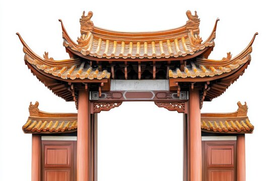 Isolated traditional Chinese pavilion gate on a white backdrop