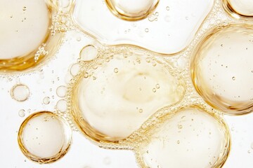 Isolated white background showcasing a clear anti aging collagen serum with an oily texture featuring hyaluronic acid moisturizer and macro bubbles