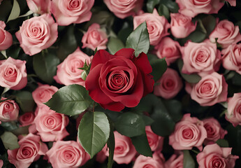 Obraz premium A bouquet of roses in a floral background filled with vibrant pink, red blossoms