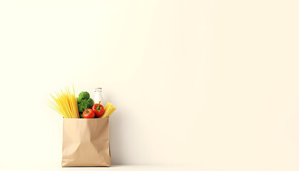 Fresh vegetables, pasta, and bottle in paper bag on light background evoke sense of healthy living and sustainability. Perfect for food related themes