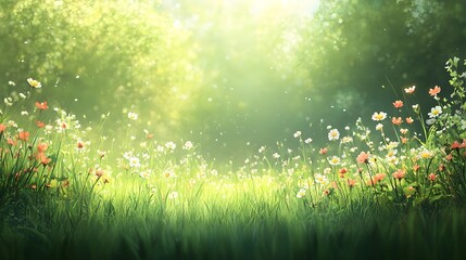 Obraz premium A blurred, softly lit meadow with green grass and hints of colorful wildflowers for an organic and fresh theme. 