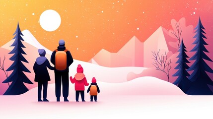 Family Winter Mountain Adventure Snowy Landscape Scene