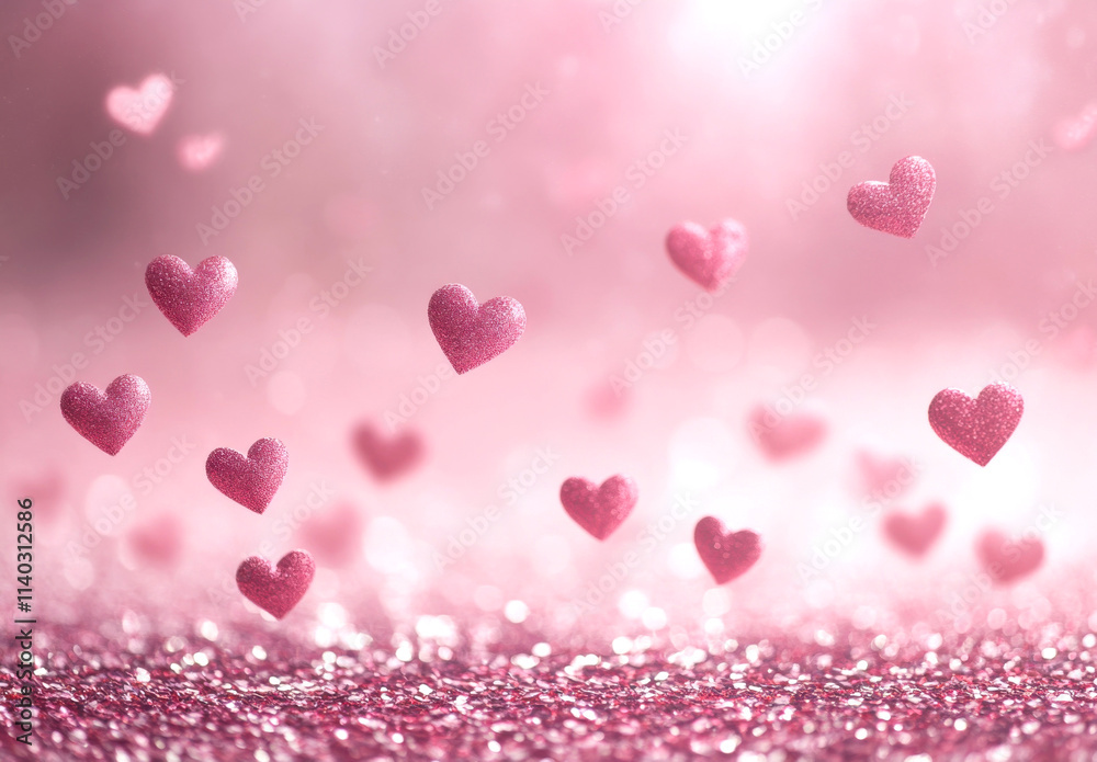 Poster A pink glittery background with hearts floating in the air, creating an enchanting and romantic atmosphere for Valentine's Day.