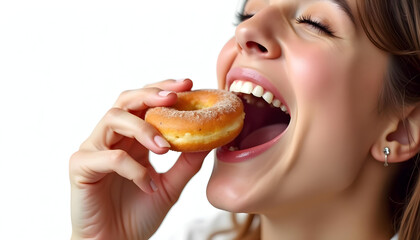 Delighted woman enjoying sweet donut, showcasing joy and indulgence. bright smile and close up capture highlight delicious treat and moment of happiness