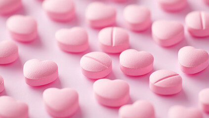 Pink heart-shaped pills on a white background, close-up. Pink medicine tablets with copy space for a Valentine's Day concept.