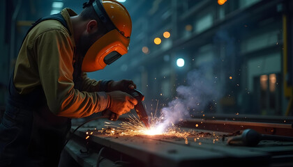 worker in protective helmet uses grinder, creating sparks in dimly lit industrial workshop. atmosphere is filled with smoke and glowing particles, showcasing craftsmanship