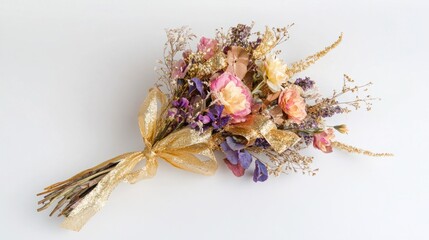 A stunning bouquet of pastel flowers with gold foil accents, tied with a shimmering ribbon, perfect for New Year decorations, on white