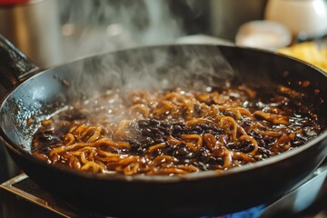 Jajangmyeon Korean noodles with black bean sauce focused shot