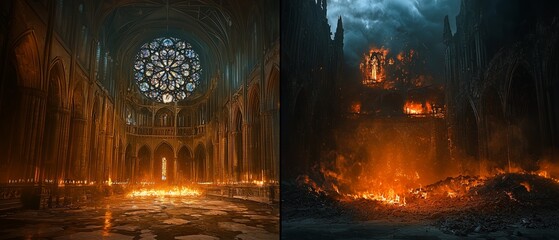 Obraz premium Divided Cathedral: A Stunning Contrast of Warmth and Destruction Captured in a Massive Sacred Space with Vibrant Flames and Eerie Shadows
