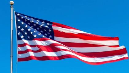 Fototapeta premium American Flag Waving in Blue Sky USA Patriotism Symbol
