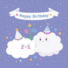 Birthday card with hugging clouds and flowers on a purple background