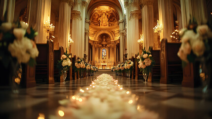 Fototapeta premium A Stunning Baroque Wedding Ceremony in an Elegant Cathedral, Featuring Intricate Sculptures and Splendid Floral Arrangements
