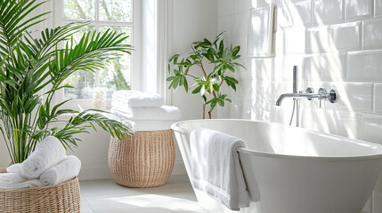 A bright, airy bathroom with fresh towels and decor