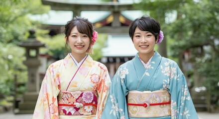 Naklejka premium Traditional kimono fashion celebrating cultural heritage in serene japanese garden