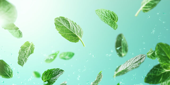 Sfondo azzurro con foglie di menta che volano.