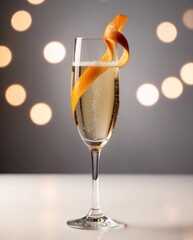 A flute of champagne cocktail with a twist of orange peel, set against a studio background with soft bokeh lighting. 