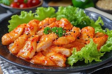Fototapeta premium Korean cuisine features spicy tripe dishes like makchang served with cold noodles bean powder lettuce radish and flavorful sauces
