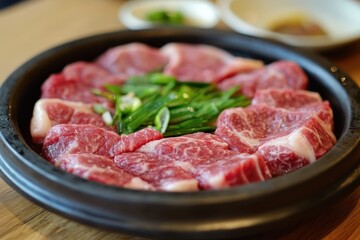 Fototapeta premium Korean cuisine featuring beef dishes like gomtang and boiled pork with sides such as salted squid and kkakdugi