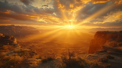 Illuminated Golden Hour Sky with Radiant Beams Casting Light Over Majestic Landscape During Sunset with Dramatic Clouds and Serene Horizon