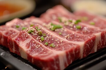 Fototapeta premium Korean cuisine featuring beef dishes raw pork grilled items various accompaniments and staples