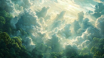 Fototapeta premium Surreal Daytime Landscape with Fluffy Clouds Illuminated by Soft Sunlight in a Calm Sky, Capturing the Beauty of Nature in Vibrant Colors and Textures