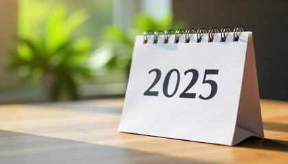 A white desk calendar with the year 2025 displayed, standing on a wooden surface