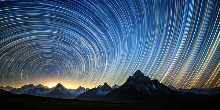 silhouetted mountains under circumpolar star trails in northern sky