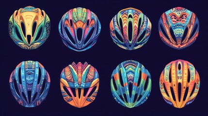 Vibrant bicycle helmets featuring intricate patterns and colors are arranged in a creative formation, highlighting the artistry of cycling gear design