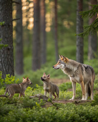 Fototapeta premium Louve et louveteaux dans la forêt