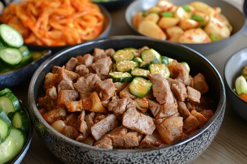 Korean cuisine featuring dishes like stew beef soup marinated meat roasted pork and various sides including pickled vegetables