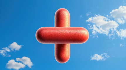 Bacteria Air Quality concept. Stylized red pill forming plus sign against blue sky with clouds