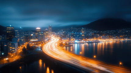 Fototapeta premium vibrant cityscape at night with glowing lights, bustling metropolis thriving with energy, and long exposure of traffic trails by waterfront