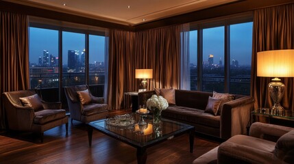 Elegant living room with city view, warm lighting, and modern furnishings.