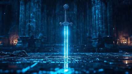 Glowing Sword and Scale Crossed in Front of Courthouse Symbolizing Justice and Law