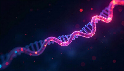 An abstract DNA strand rendered with glowing neon effects, twisted elegantly across the bottom right corner of a black background.