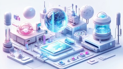 Futuristic laboratory scene with glowing elements and scientific equipment.