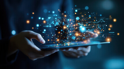 close up of hands holding digital tablet with glowing data and technology icons, symbolizing innovation and connectivity