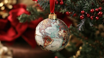 A festive globe-shaped Christmas ornament featuring a glittery world map, suspended by a red ribbon on a decorated tree branch