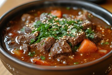 Korean cuisine featuring various beef soups pork kimchi and side dishes